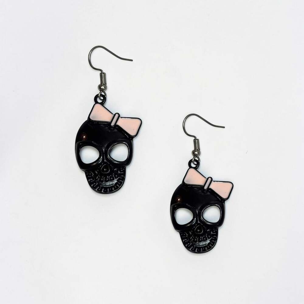 Black Skull & Pink Bow Drop Earrings